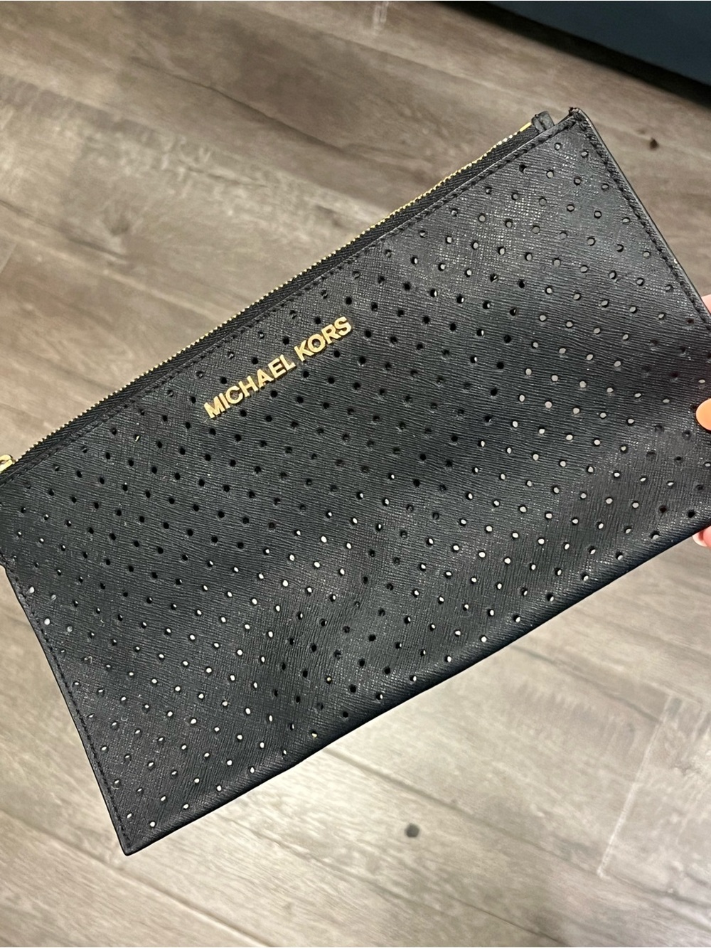 Michael Kors Black Perforated Leather Wristlet Clutch with Gold Logo